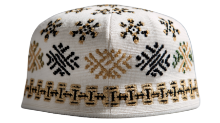 Kufi Cap with intricate Design: A traditional Kufi cap with detailed patterns, showcasing exquisite craftsmanship. The cap's design incorporates a fusion of color and cultural aesthetics.