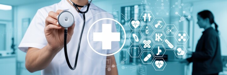 Medical professional using a stethoscope with digital health icons overlay.