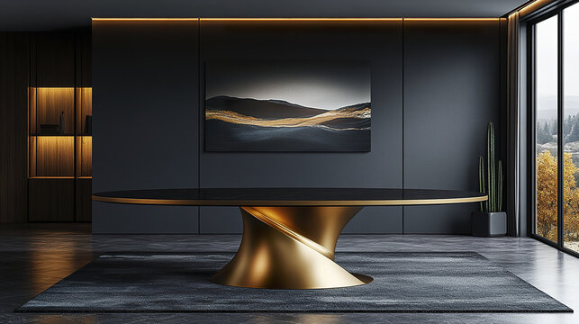 Elegant modern dining setup with round black table and golden base, creating luxurious