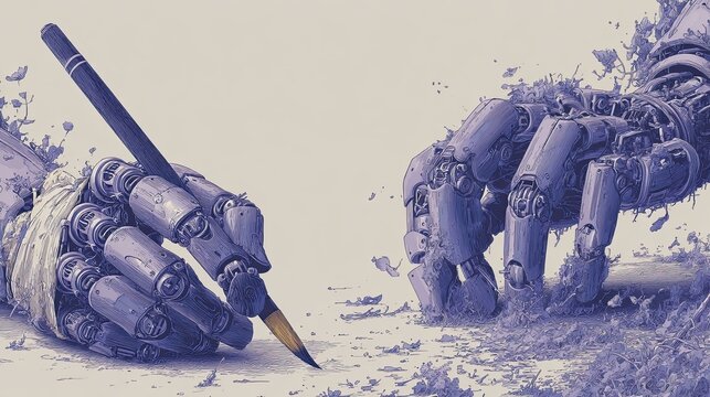 AI artist identity crisis digital portrait, concept-driven AI artist identity crisis artwork for future creative commentary Innovative robotic hands creating art.
