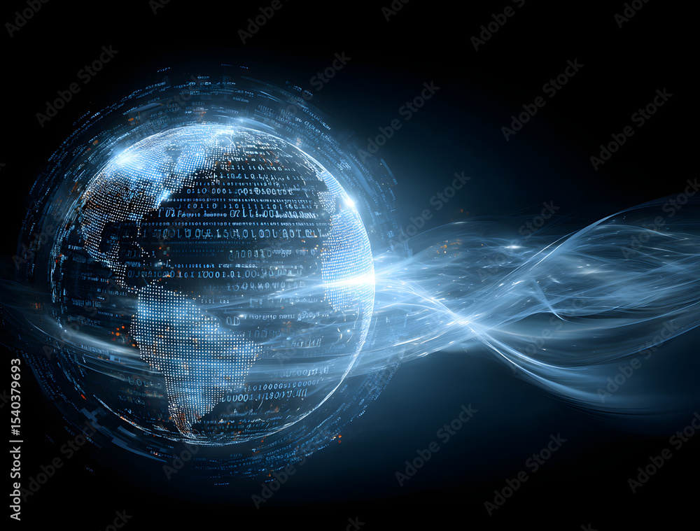 Aufkleber glowing digital globe with binary code and flowing data lines on a dark tech background, symbolizing