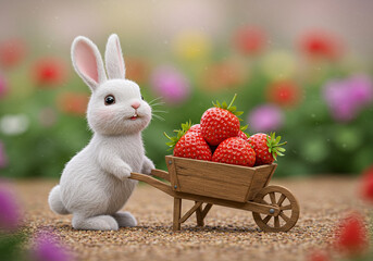 Adorable 3D Render of a White Bunny Pushing a Wheelbarrow of Strawberries