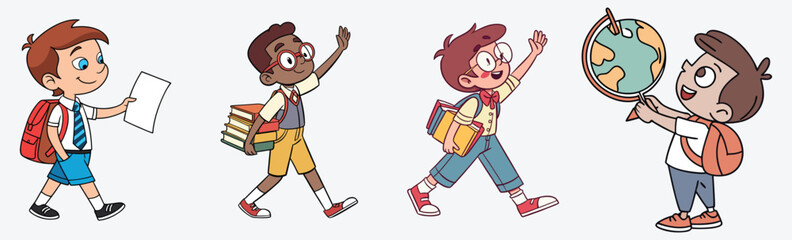 Joyful school kids walking, reading, and exploring the world—perfect cartoon set for education, children’s books, and back-to-school designs vector.