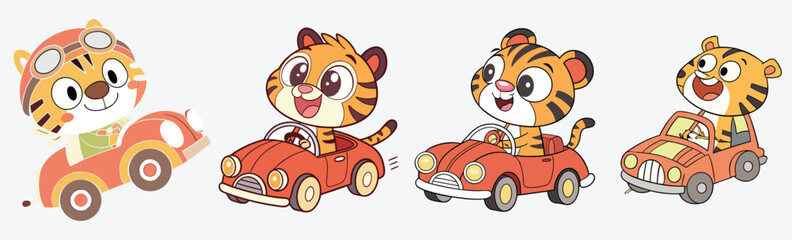 Fototapeta premium Cute Cartoon Tiger Driving Car – Vector Illustration for Kids and Educational Materials