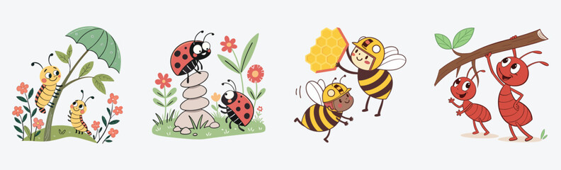 Charming cartoon insects—caterpillars, ladybugs, bees, and ants—working and playing together in nature. Perfect for kids' books, and learning!