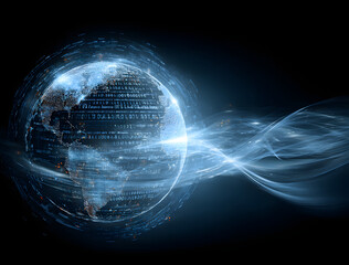 Glowing digital globe with binary code and flowing data lines on a dark tech background, symbolizing global connectivity and digital communication.