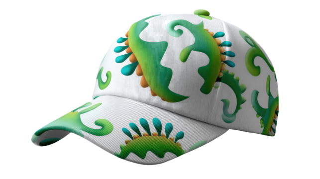 Stylish Cap with Unique Designs: An artistic and vivid cap adorned with abstract, decorative patterns and an appealing look, demonstrating an expressive design and creative touch.