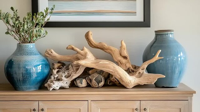A serene interior scene featuring decorative vases and driftwood on a wooden sideboard