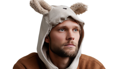 Man in Kangaroo Hoodie: A captivating portrait of a person donning a charming kangaroo hoodie, exuding playful sophistication and showcasing an intriguing blend of fashion and whimsy. 