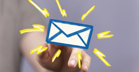 Hand holding digital email icon.  Fast communication, email marketing.
