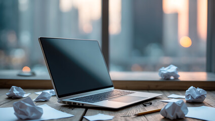 Modern laptop and crumpled paper on wooden desk suggesting creative ideas and innovation