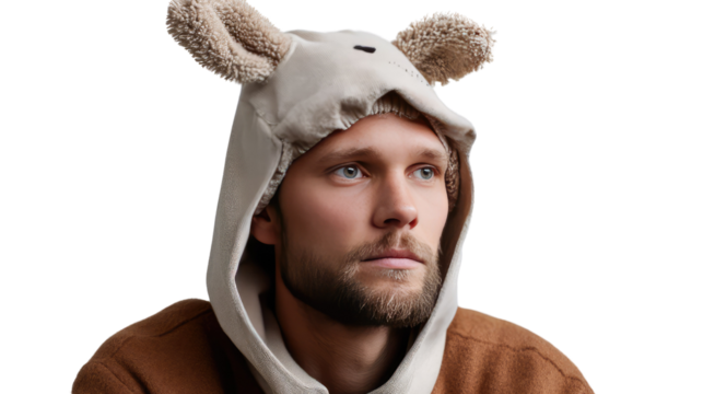 Man in Kangaroo Hoodie: A captivating portrait of a person donning a charming kangaroo hoodie, exuding playful sophistication and showcasing an intriguing blend of fashion and whimsy. 