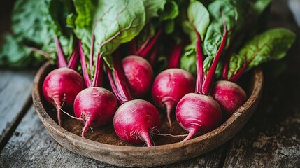 Fresh red beets are displayed with their green leaves in a shallow wooden bowl on a rustic table.