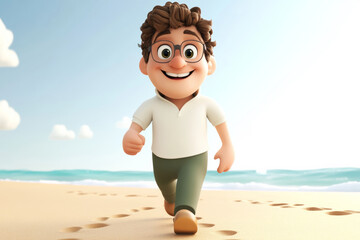 Happy cartoon character man enjoying a walk on the beach on a beautiful summer day. Human people in 3d style design feelings expression concept