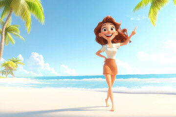 Cartoon character woman walking barefoot on a tropical beach pointing her finger to the side. Human people in 3d style design feelings expression concept