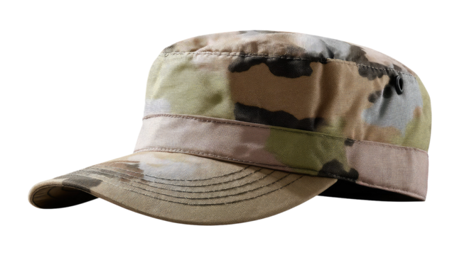 Camouflage Cap Close-Up: A detailed studio shot features a modern, military-inspired camouflage cap. The detailed design and colors showcased.