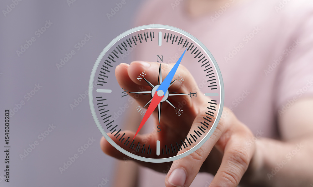 Poster Close-up of hand interacting with a digital compass, showing direction and navigation.