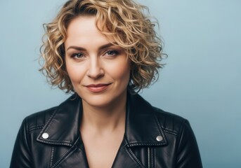 Confident woman with curly blonde hair wearing black leather jacket