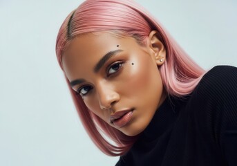Fashion portrait of young woman with pink hair