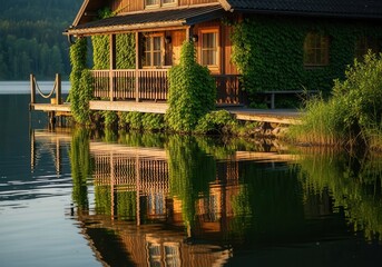 Lakeside cabin with ivy serene reflection at sunset