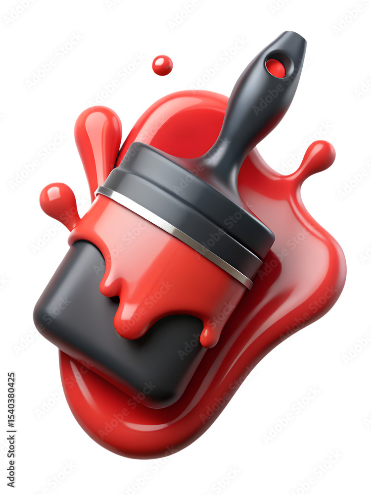 Poster a vibrant 3d rendering of a paintbrush dripping with glossy red paint creating a plastic-style icon