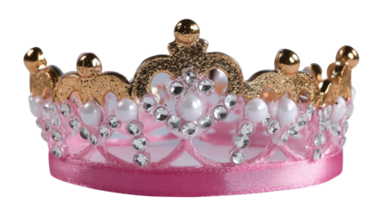 Crown of Elegance: A regal, jewel-encrusted crown radiates sophistication with pink and gold hues, pearls, diamonds, and a ribbon accenting the piece's beautiful design. 