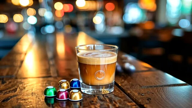 Espresso Shot in Glass with Colorful Coffee Capsules