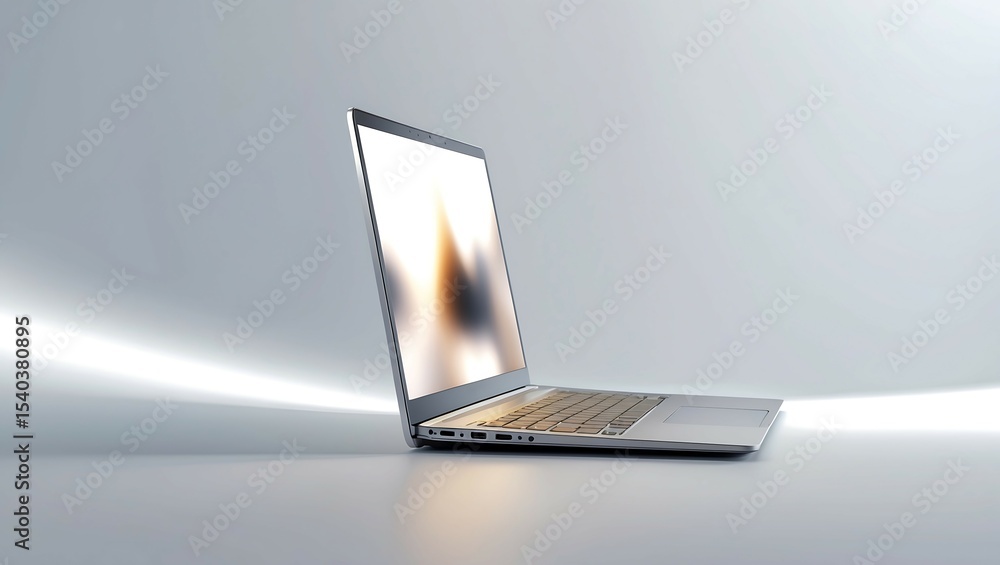 Poster modern laptop displayed on a white surface with soft lighting for technology concepts