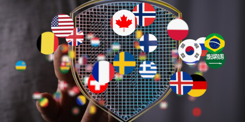 Image of a digital shield with various flags, symbolizing international data protection.