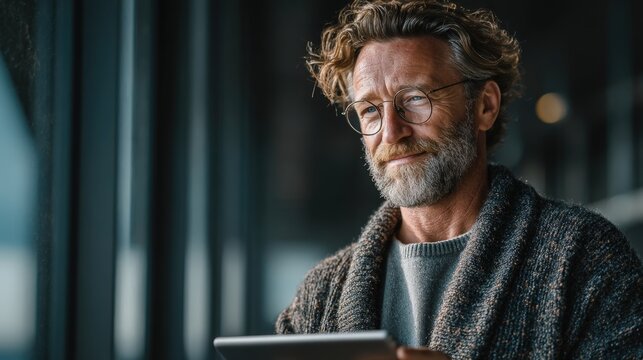 Predictive AI for Commerce Smiling mature man with glasses holds tablet, looking thoughtfully into the distance. Automated Decision Making AI