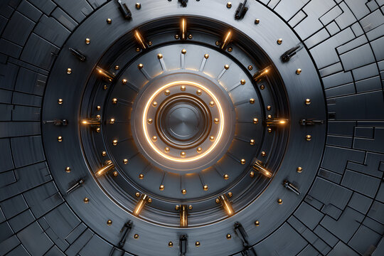 Futuristic metallic vault door with glowing circular lock in center, sci-fi style, dark tiled background, concept of data protection and business security, - Powered by Adobe