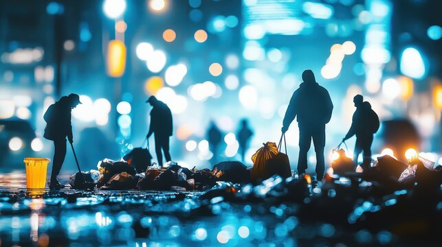 Group of people cleaning trash in city at night for community service
