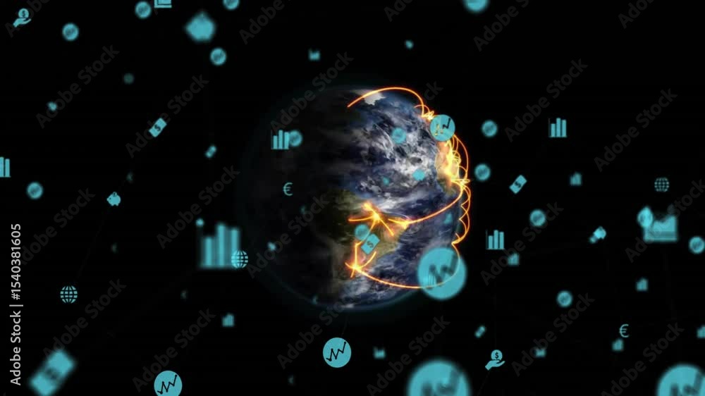 Poster at start blue icons materializing around rotating earth linking pulsing arcs showing network flow