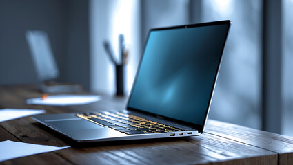 Modern laptop on a wooden desk in a home office setting workspace environment