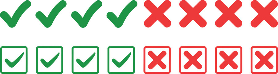 Obraz premium Green check marks and red x marks arranged in two rows on a white background graphic display