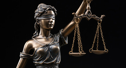 A powerful depiction of the iconic Lady Justice statue, blindfolded for impartiality, holding a balanced scale (symbolizing fairness) and a sword (representing authority) - Blindfolded with Scales & S