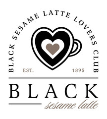 Black sesame latte lovers club heart shaped coffee art cup fancy aesthetic girls shirt design logo. Vintage retro girly dark fall season vegan japanese drink illustration print sticker clipart png.