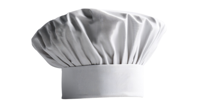 Chef's Hat: A close-up studio shot of a classic chef's hat, pristine and symbolic of culinary excellence, invites viewers into the world of professional cooking and gastronomy. 