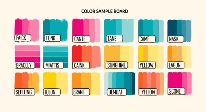 Colorful Color Sample Board with Various Shades and Names Displayed.