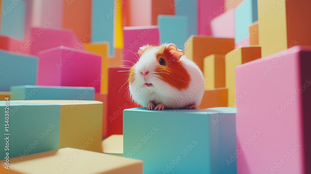Poster guinea pig sits atop a teal block in a colorful setting filled with cubes and rectangular prisms.
