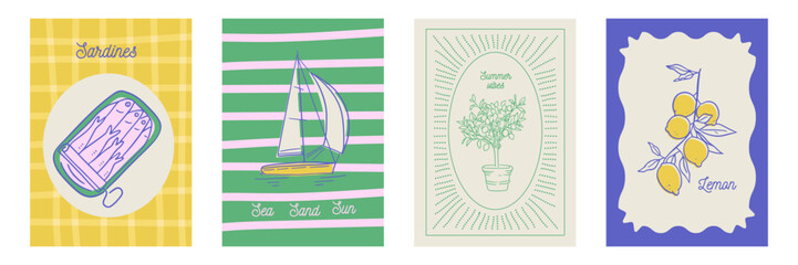 Slow life Italia Amalfi Summer posters set. Vector illustration italian lemon tree, sardines, yacht and geometric minimalistic backgrounds, contemporary Summer vintage design.