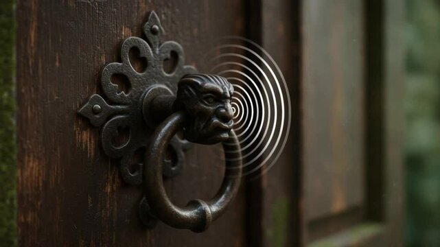 Antique door knocker with lion design and ripples