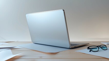 Modern laptop on desk with papers and glasses demonstrating business and technology