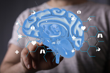 3D brain model with medical icons.  Perfect for healthcare, neurology, and medicine.