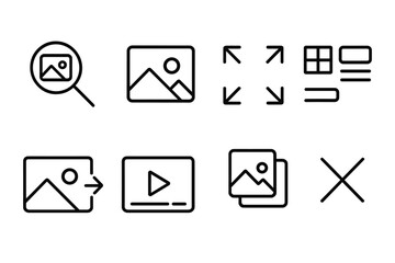 Gallery Interface Icons. Line style icons of interactive elements in galleries: image zoom, image rotate, fullscreen view,