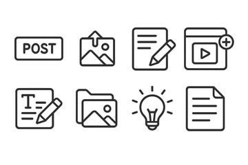 Content Contribution Icons. Line style icons of content contribution: post button, upload image, write article, add video, content