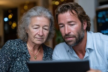A man and an older woman share insights on a tablet, highlighting collaboration and the shared experience of navigating technology together in a warm, homey environment filled with lights.