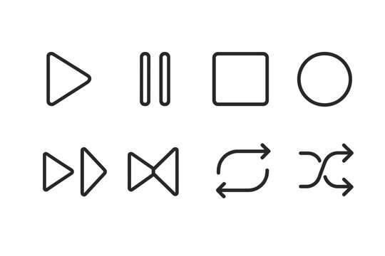 Interactive Icon Set. Line style icons of interactive buttons: play button, pause toggle, stop square, record circle, next arrow,