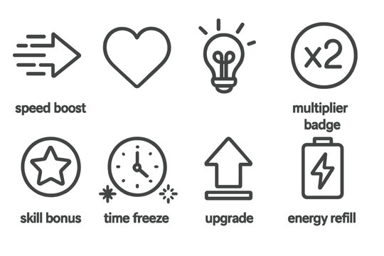 Power-Up Line Icons. Line style icons of boosters and power-ups: speed boost, extra life, hint icon, multiplier badge, skill bonus