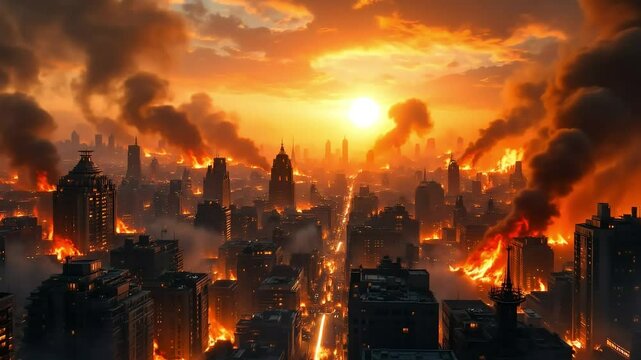 Cityscape inferno burning buildings sunset apocalypse